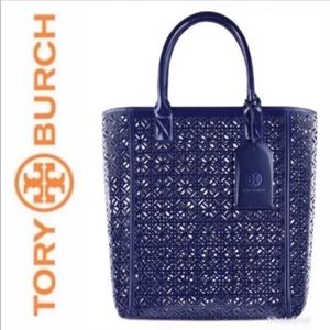 Tory Burch Large Navy Blue Lace Perforated Tote Bag